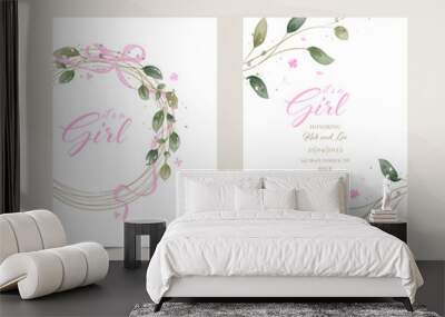 It`s a girl, baby shower announcement banner in rustic style, card - Gender reveal party - Vector illustration. Greenery Watercolor Floral template card design. Wall mural